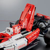 A red and white 1:8 scale formula racing car building blocks set with steering and engine linkage.