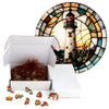 A wooden jigsaw puzzle depicting a coastal lighthouse scene, packaged in a box with small wooden animal figures.
