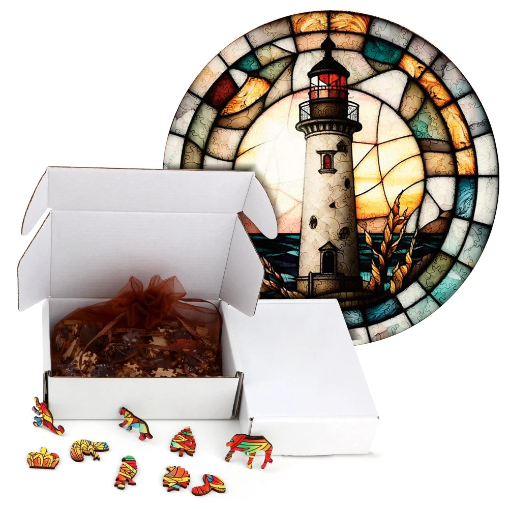 A wooden jigsaw puzzle depicting a coastal lighthouse scene, packaged in a box with small wooden animal figures.