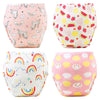A set of four reusable cotton potty training pants for toddlers featuring colorful patterns and clouds