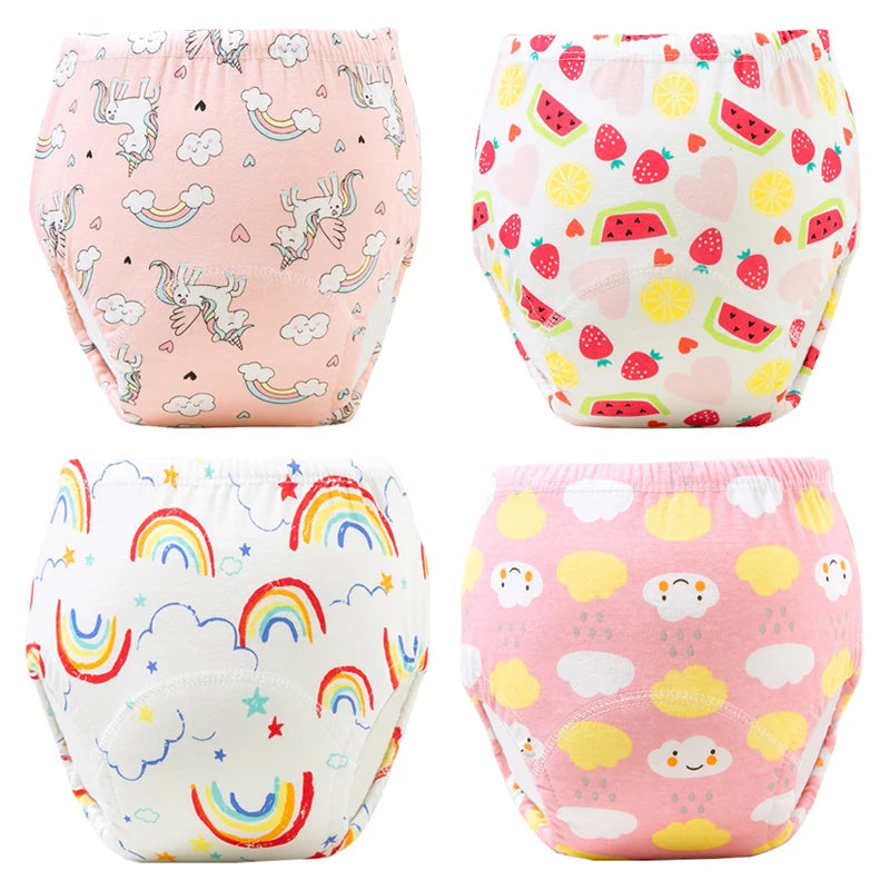 A set of four reusable cotton potty training pants for toddlers featuring colorful patterns and clouds