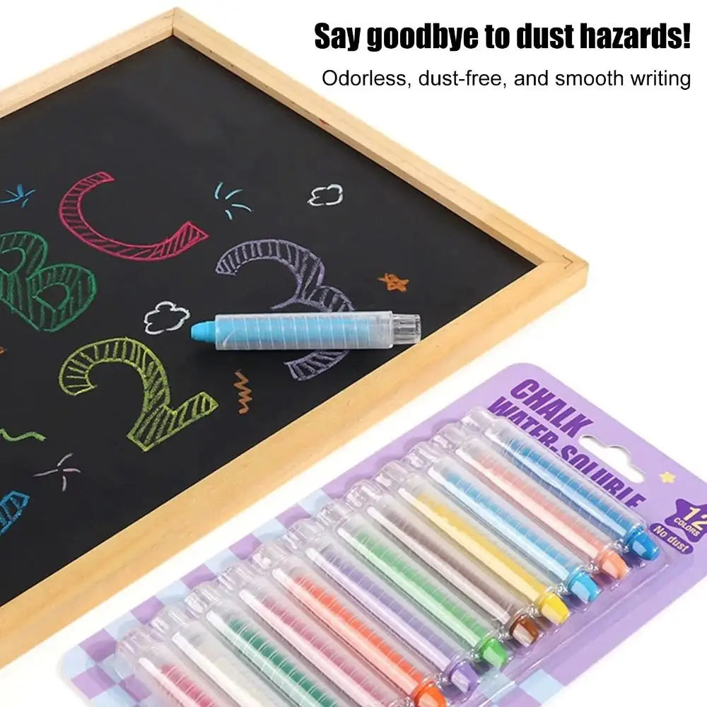A set of 12 non-toxic chalk watercolor crayons in various colors displayed on a purple plastic tray.