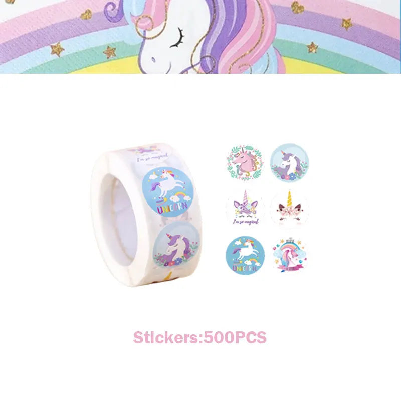 A set of unicorn stickers featuring various unicorns and rainbows for a girls' birthday celebration.
