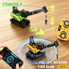 A yellow and black 1:64 scale RC forklift truck is shown with a smartphone controlling it, demonstrating full lift and rotati