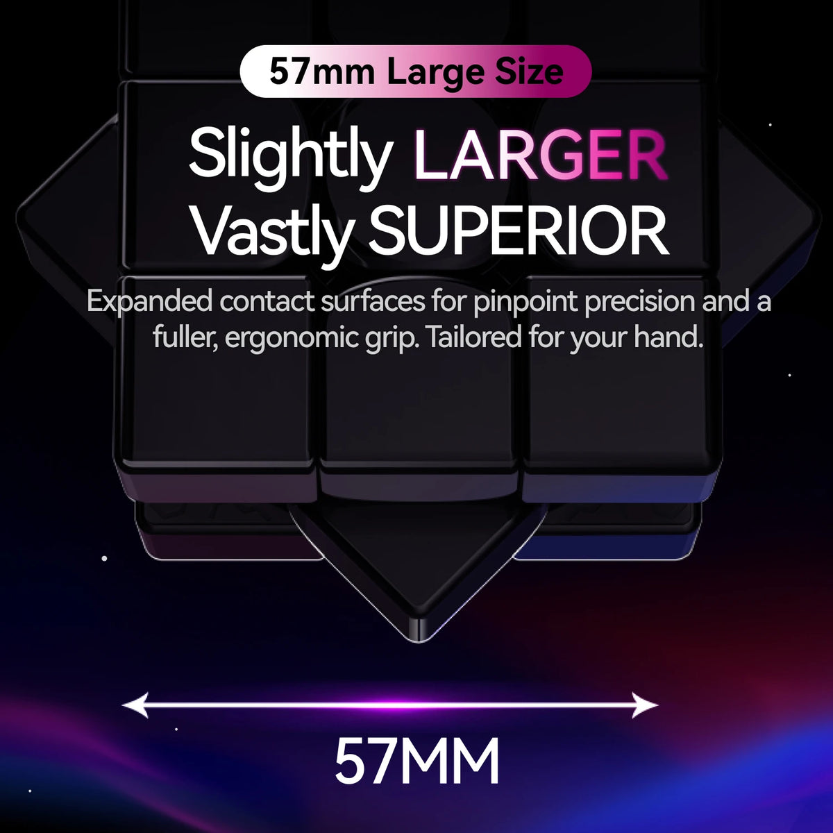 A close-up view of a black magnetic speed cube with a 57mm size marked on the bottom.