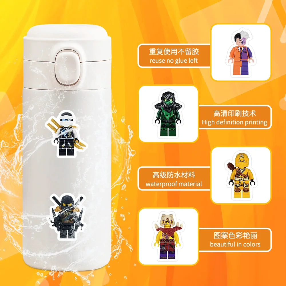 A white cylindrical container of cartoon ninja stickers with various features listed on the packaging.