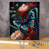 A vibrant painting of a butterfly with blue and orange wings set against a dark background, surrounded by floral elements.
