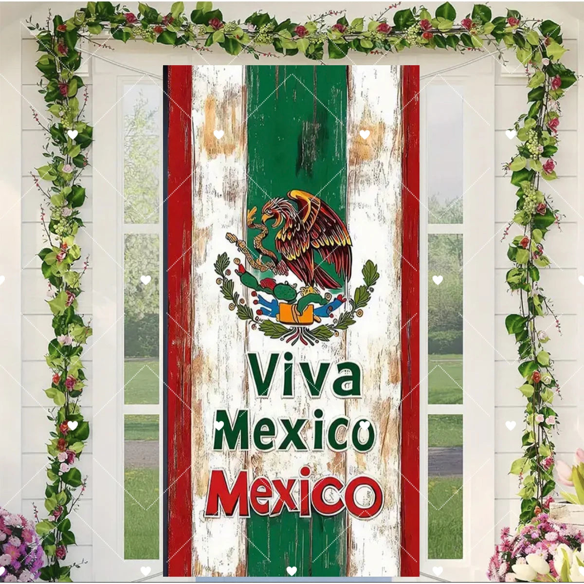 A door cover featuring a vertical design with the text Viva Mexico and an eagle motif surrounded by greenery.