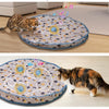 A tabby cat is playing with a motion-activated hide and seek toy shaped like a rolling ball on a light wooden floor.