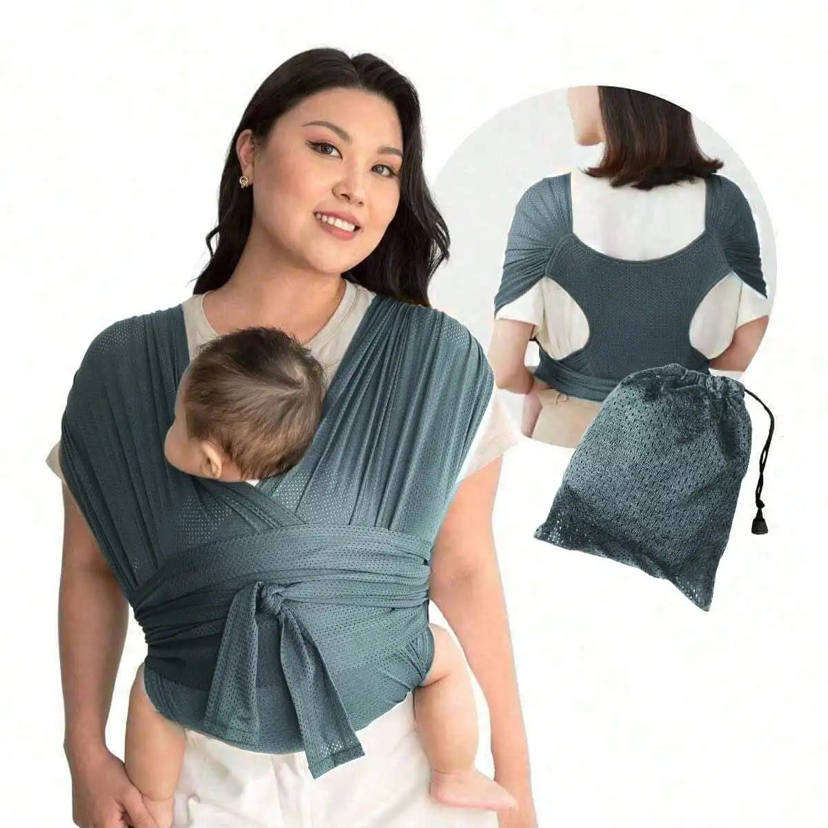 A woman is wearing an X-shaped baby sling carrier with multifunctional back support, demonstrating its use.