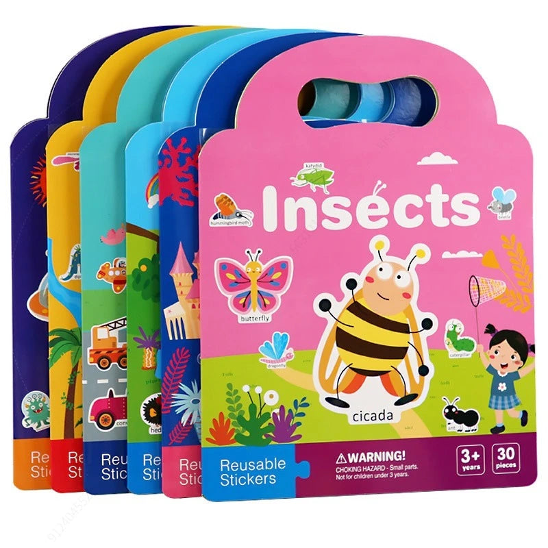 A set of reusable vehicle stickers in various colors and designs for toddlers.
