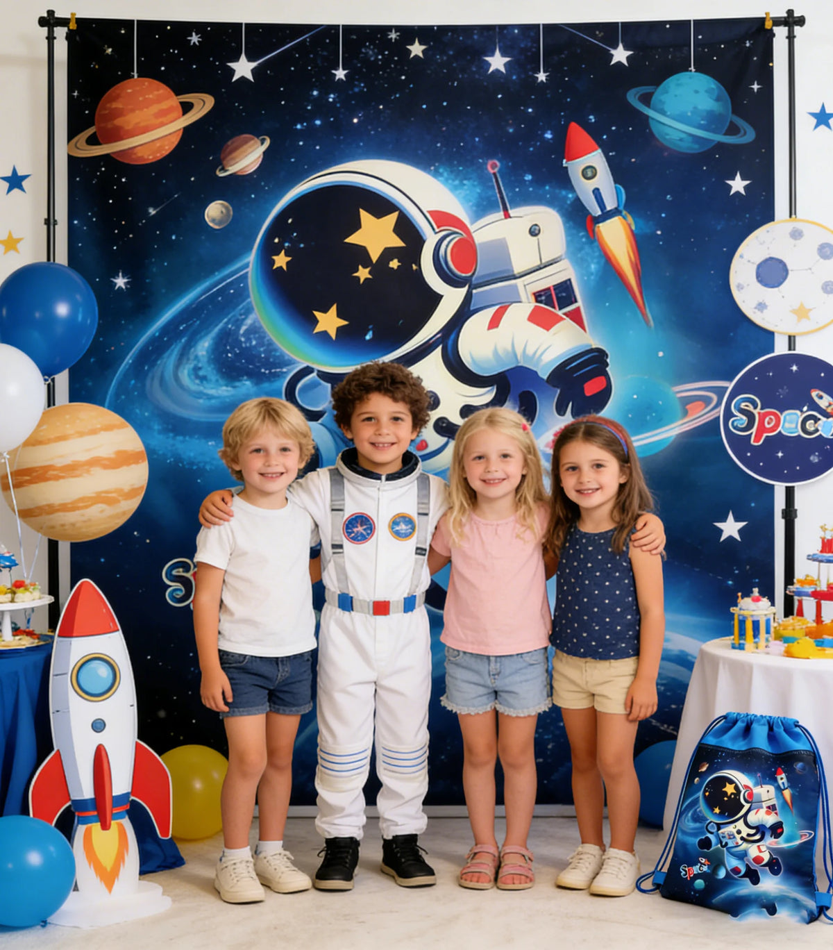 Five children posing in front of a large backdrop featuring planets and rockets for an outer space party decor set