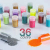 A collection of 36 colorful glitter powders in small jars and loose form for crafting projects
