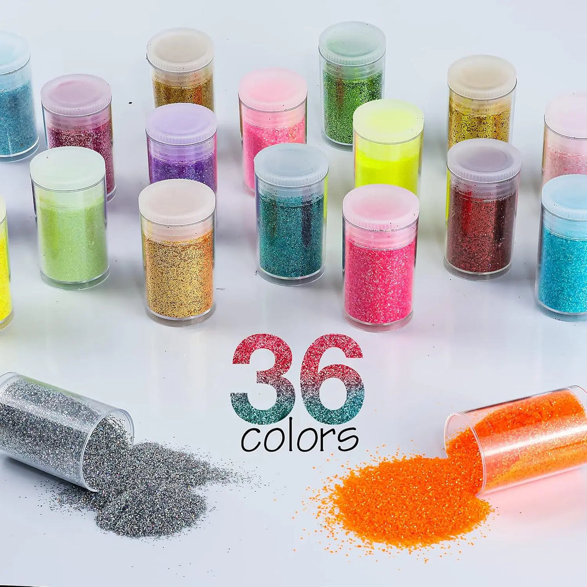 A collection of 36 colorful glitter powders in small jars and loose form for crafting projects