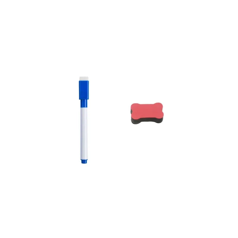 A blue and white reusable tracing workbook pen for kids with a pink pencil grip.