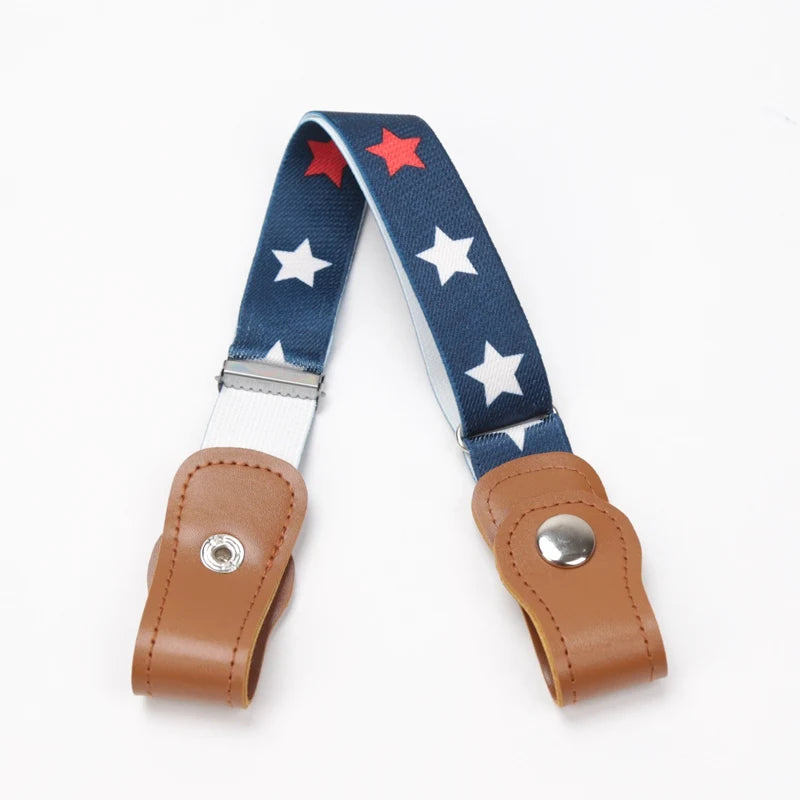 A navy blue canvas belt with white stars and red stars, featuring a leather buckle.