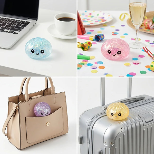 A collage showing a soft squeeze stress ball in various colors and textures, including a pink glitter ball and a yellow ball.