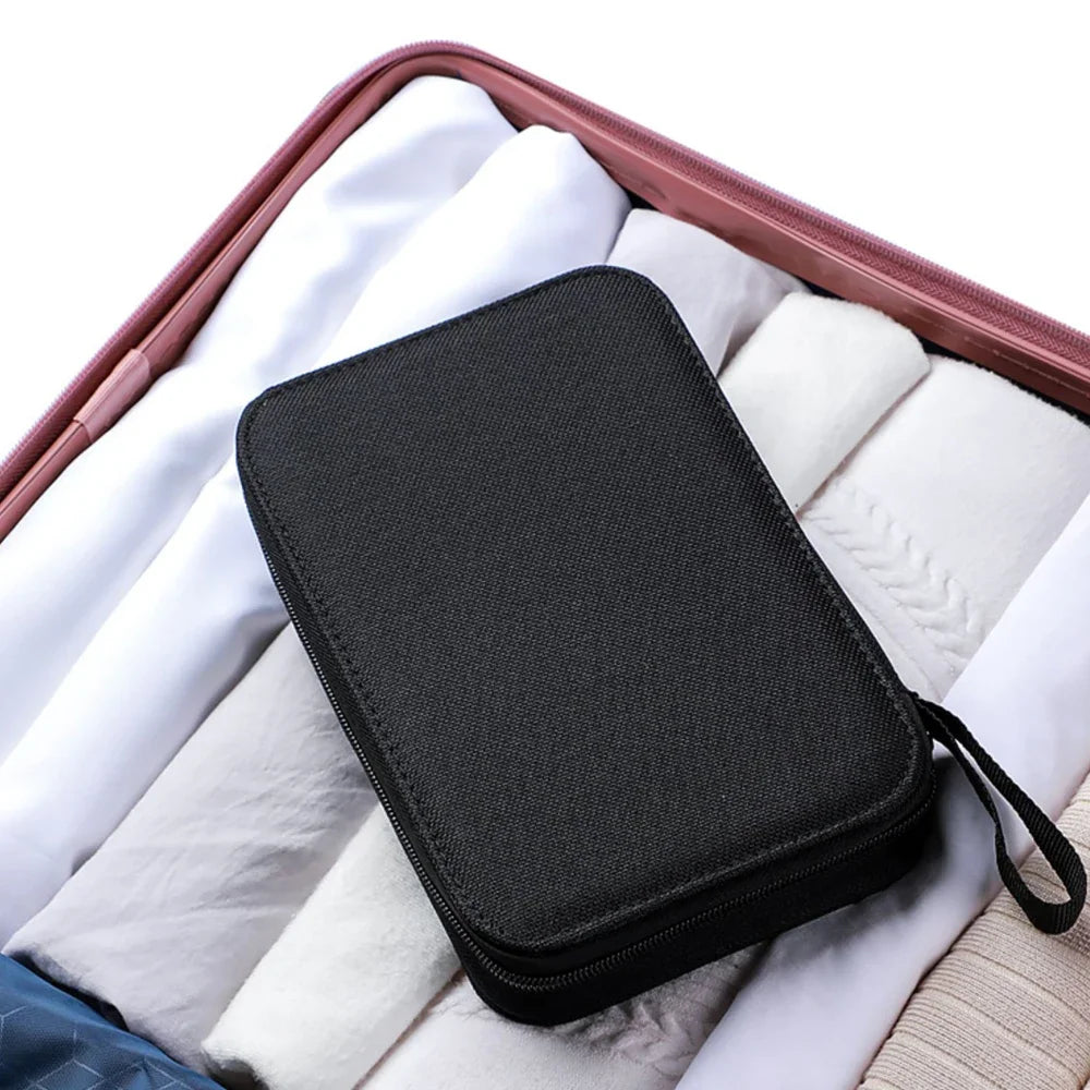 Black sewing kit travel storage box placed inside a pink zippered case with white fabric lining.