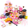 A pink pretend play tea party set featuring various food items like cakes cookies and coffee in a stand.