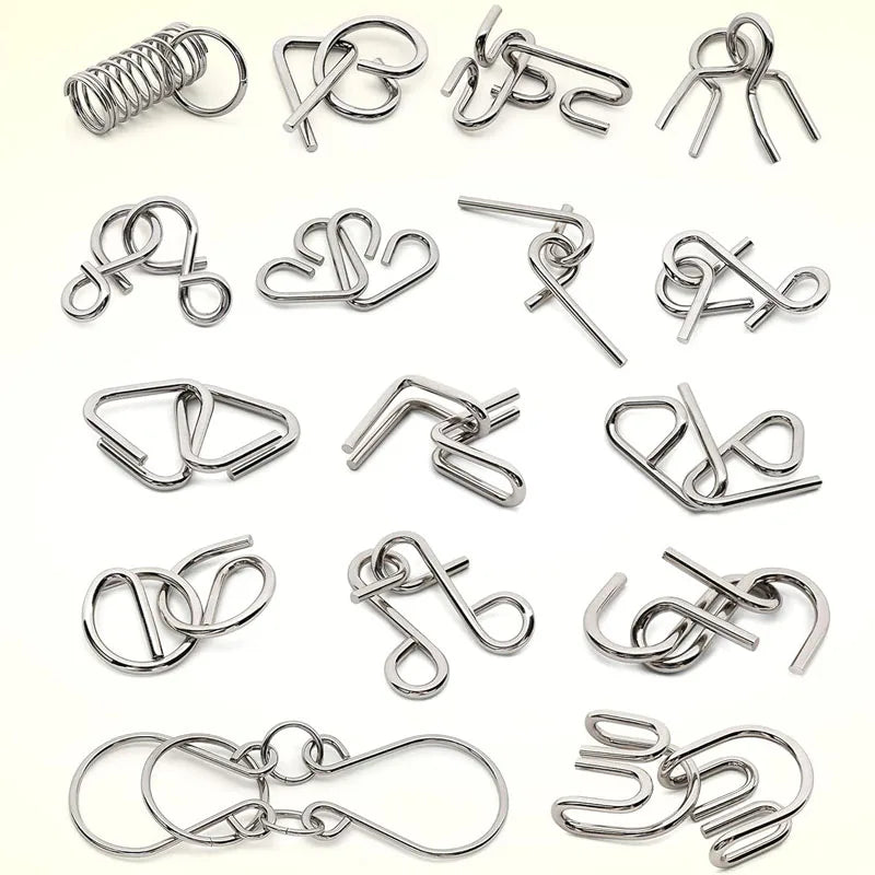 A collection of various metal wire puzzles and brain teasers for IQ challenges.