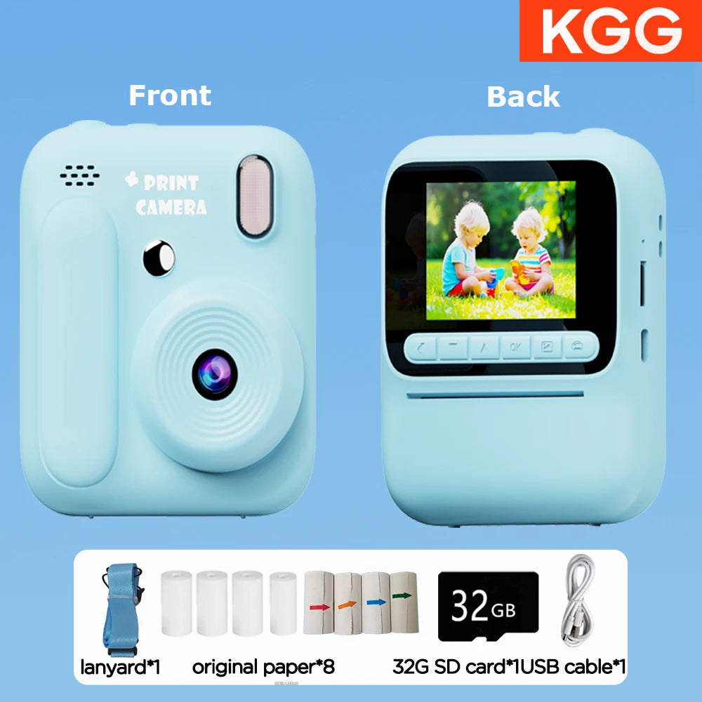 Front and back views of a light blue instant print camera with accessories like a lanyard, paper, and USB cable.