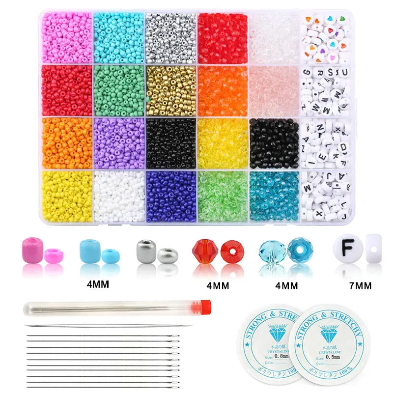 A variety of glass seed beads in 24 colors are displayed in a grid format for jewelry making.