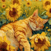 A fluffy orange tabby cat resting among yellow sunflowers in a garden setting.