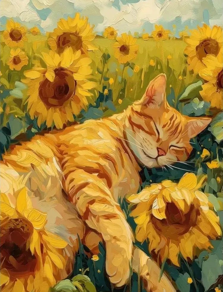 A fluffy orange tabby cat resting among yellow sunflowers in a garden setting.