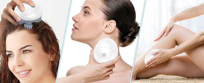 A woman is using an electric scalp and body massager for facial and body massage.
