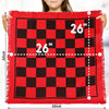 A red and black checkered game rug measuring 66cm by 66cm with white measurements marked on it.