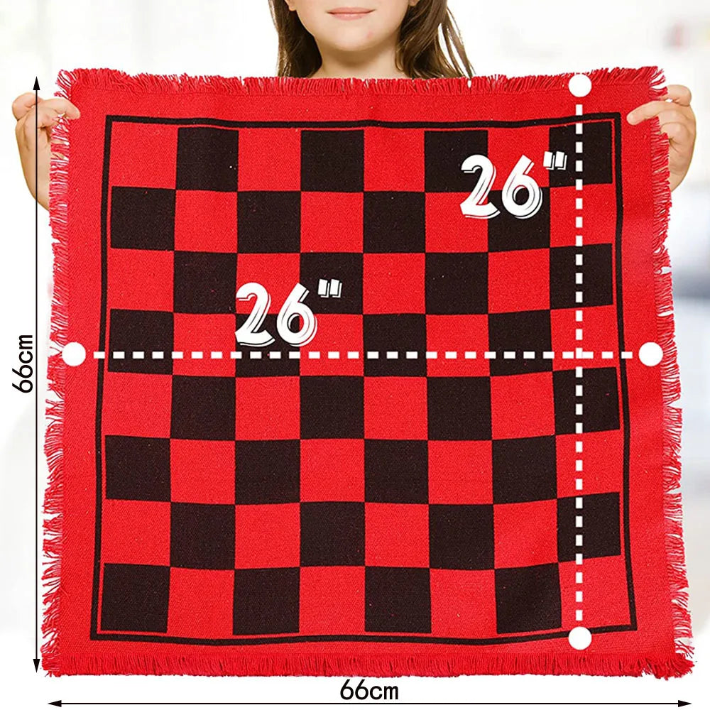 A red and black checkered game rug measuring 66cm by 66cm with white measurements marked on it.