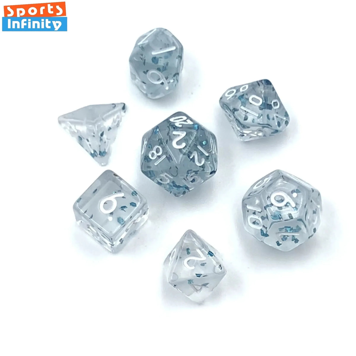 A collection of seven transparent acrylic D6 dice, including various numbers and symbols, scattered on a white background.