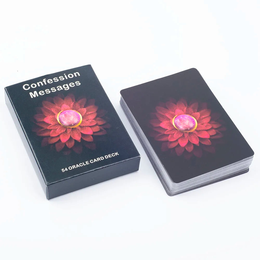 A black box containing a 54-card oracle deck with a floral design and a central gem.