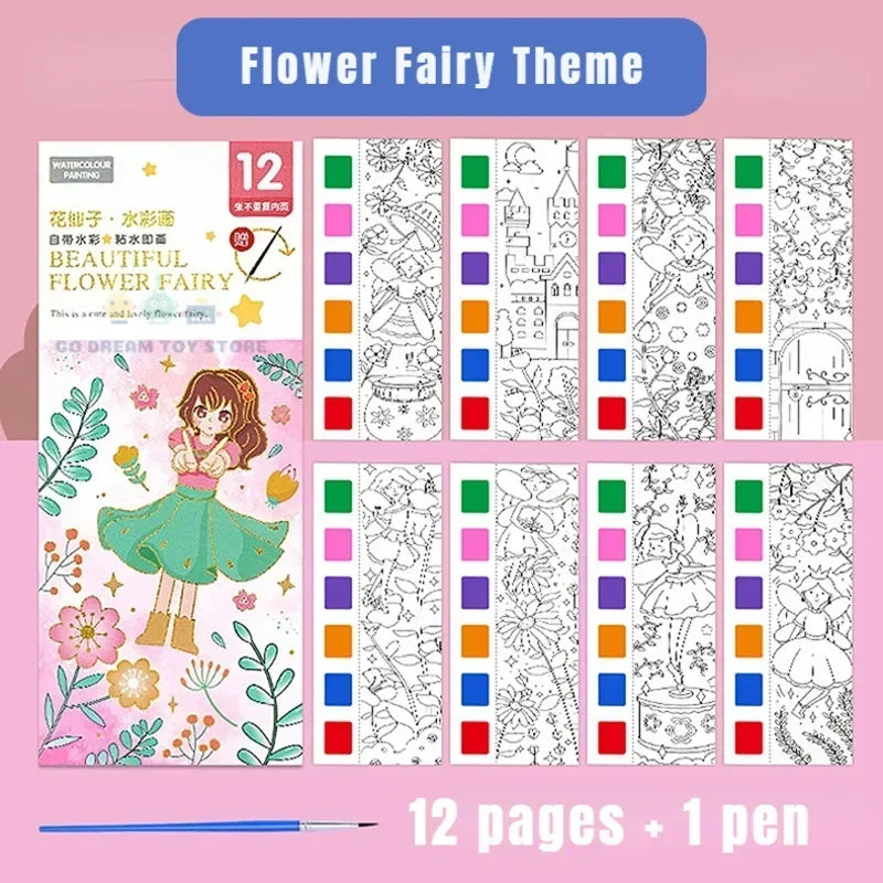 A watercolor painting book for kids featuring a flower fairy theme with 12 pages and one pen.