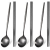 A set of six stainless steel Korean dinnerware pieces including spoons and chopsticks.