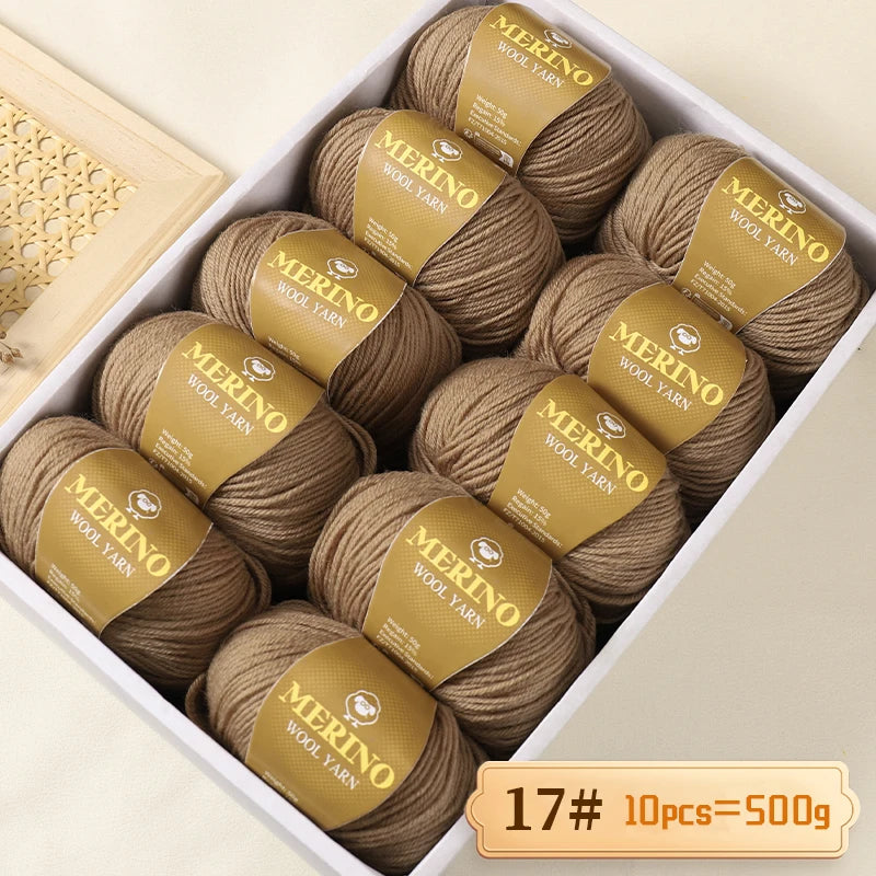Box of Merino wool yarn balls labeled 17# with 10 pieces totaling 500g