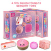 A box of 4 pcs Squishy Fun Box sensory toys including strawberry shaped squishies and pink foam toys.