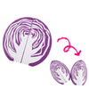 A set of magnetic wooden fruit and vegetable cutting toys featuring purple and white marbled designs.