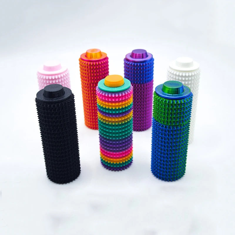 Collection de rouleaux sensoriels tactiles colorés : rose, orange, violet, vert, bleu et plus.