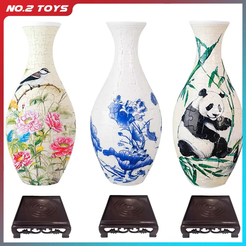 A white ceramic flower vase with blue floral patterns and a panda figurine, shown with its matching dark wooden base.