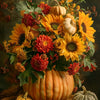 A vibrant arrangement of orange and yellow pumpkins and autumnal flowers for a diamond painting kit.