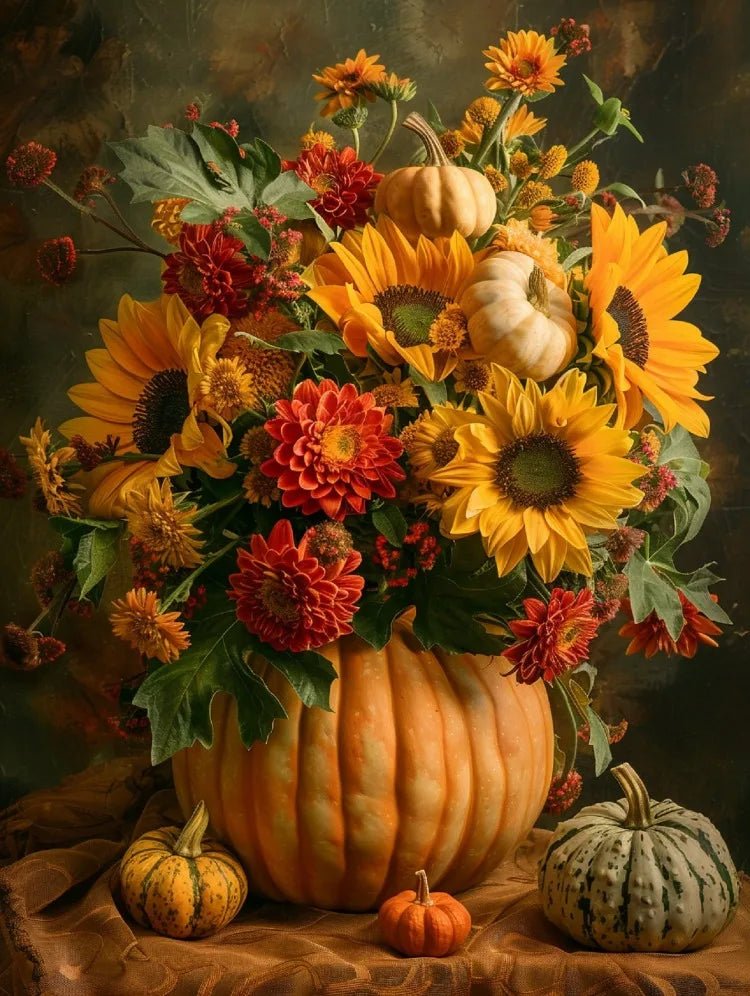 A vibrant arrangement of orange and yellow pumpkins and autumnal flowers for a diamond painting kit.