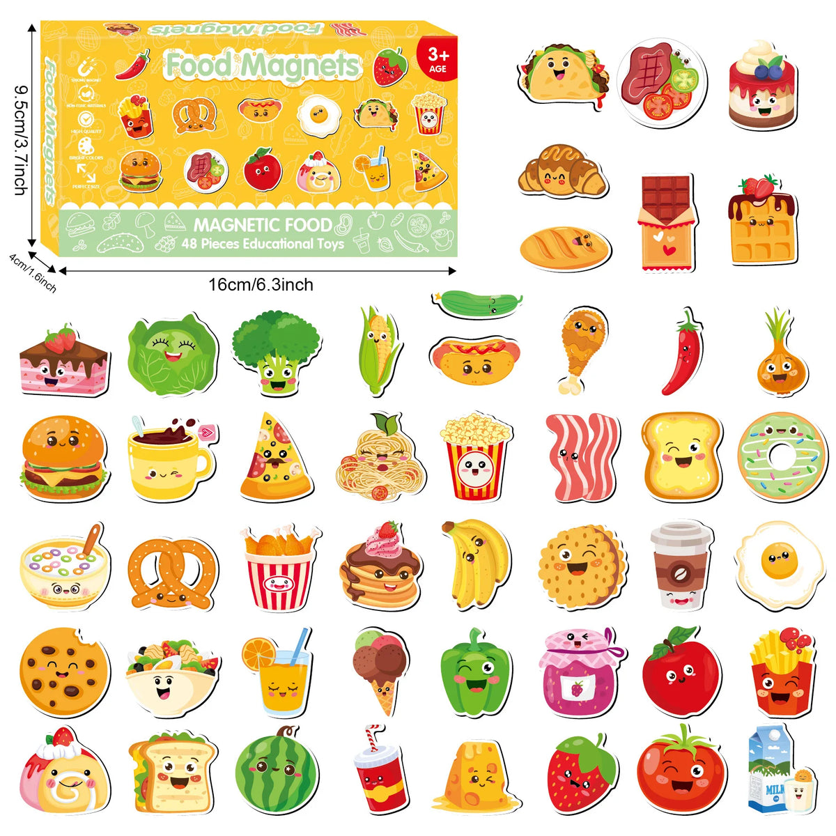 A colorful magnetic food set featuring various fruits and vegetables for toddlers.