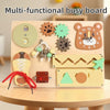 A multi-functional wooden busy board featuring gears, a tiger face, and a shoe for Montessori activities.