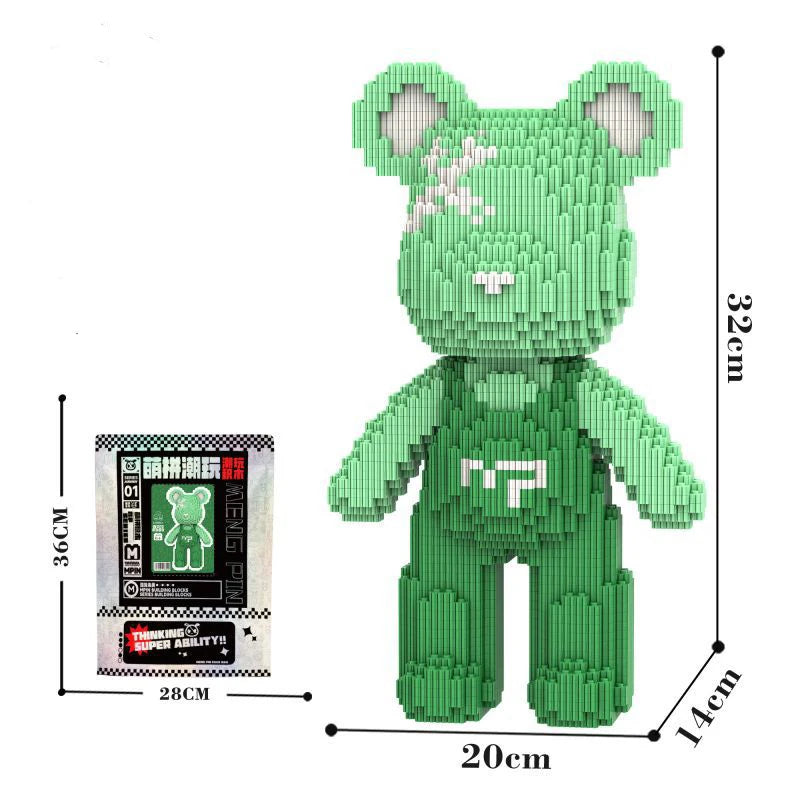 A green kawaii bear figure made of micro building blocks, shown with dimensions.