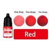 A set of liquid red candle wax pigment drops shown in various quantities: one, five, and ten drops.