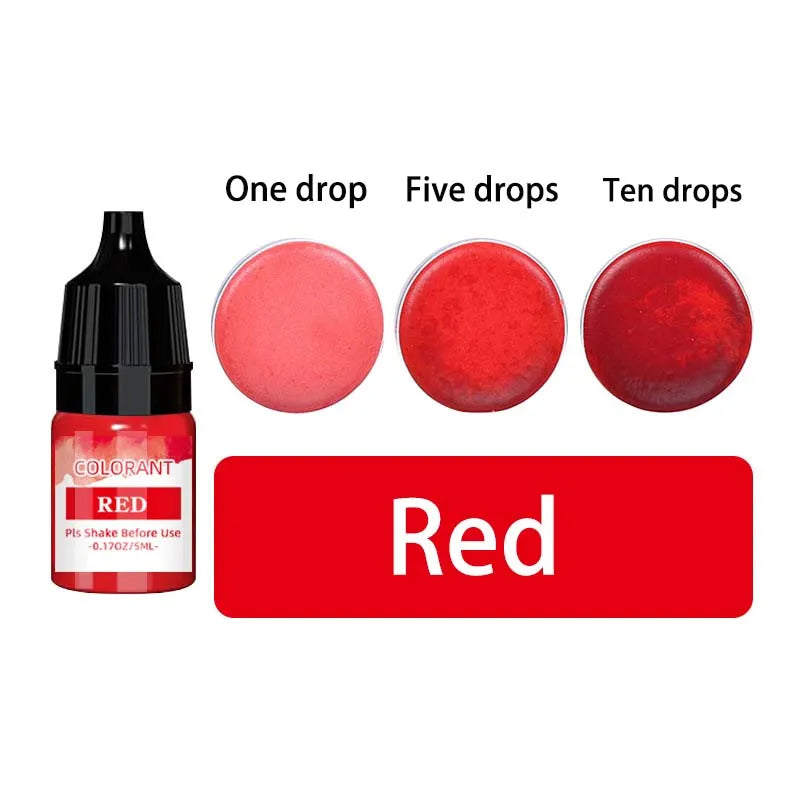 A set of liquid red candle wax pigment drops shown in various quantities: one, five, and ten drops.