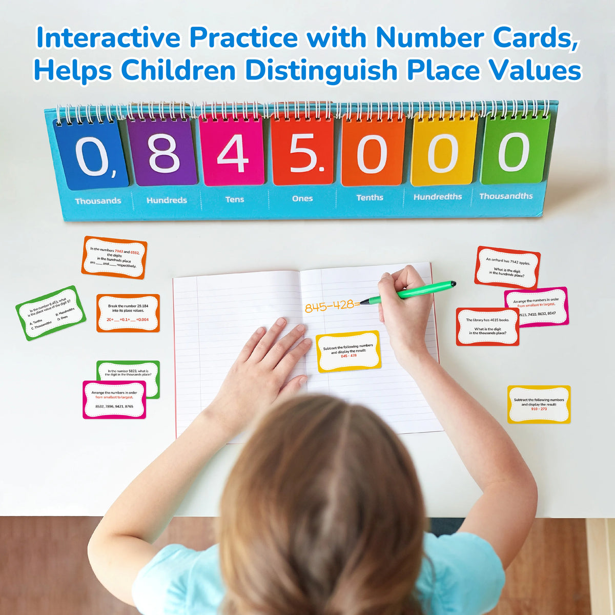 A child is practicing place values using number cards and a notebook, demonstrating the concept of place value.