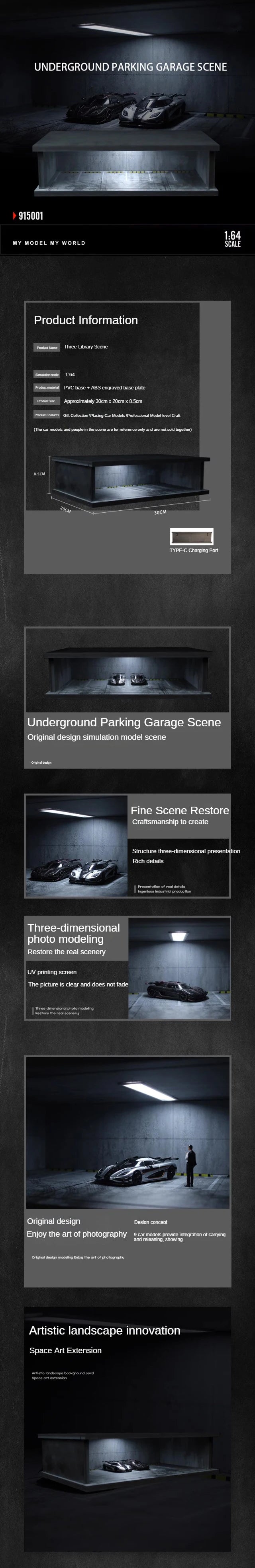 A 1:64 scale LED light-up underground parking garage diorama featuring a car and various accessories.