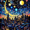 A vibrant night sky scene featuring a large crescent moon, bright stars, and a cityscape silhouette under swirling blue and y